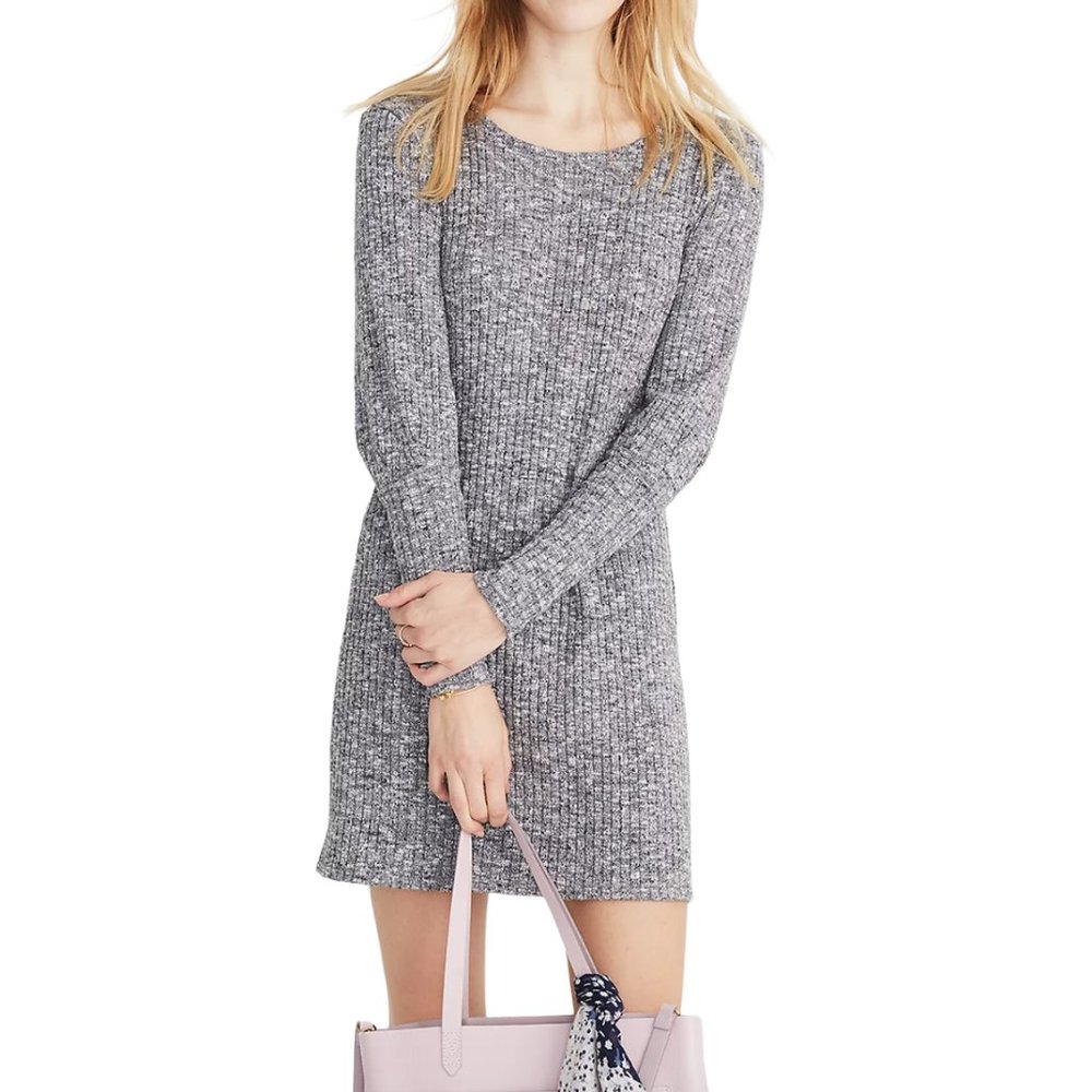 Madewell Cotton-Blend Grey Ribbed Bubble-Sleeve Dress